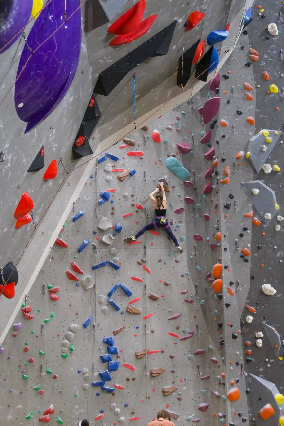 Ein Kletterer an einer Kletterwand in einer Kletterhalle, die mit bunten Griffen in verschiedenen Formen und Größen ausgestattet ist.